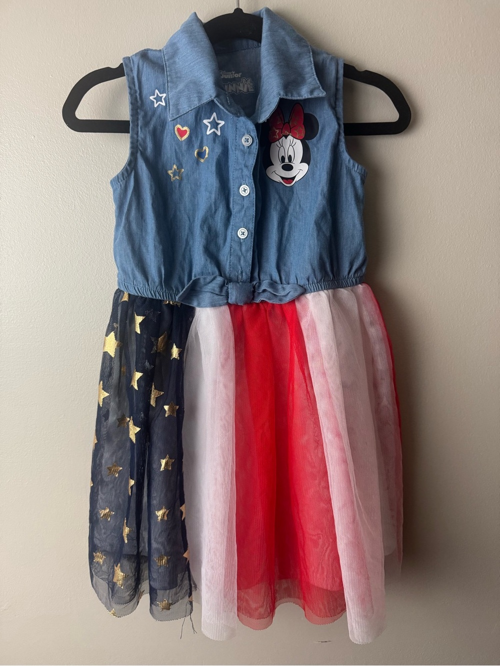 Disney Minnie Denim Summer Dress Tulle Skirt-Red, White, & Blue 4th of July 4T